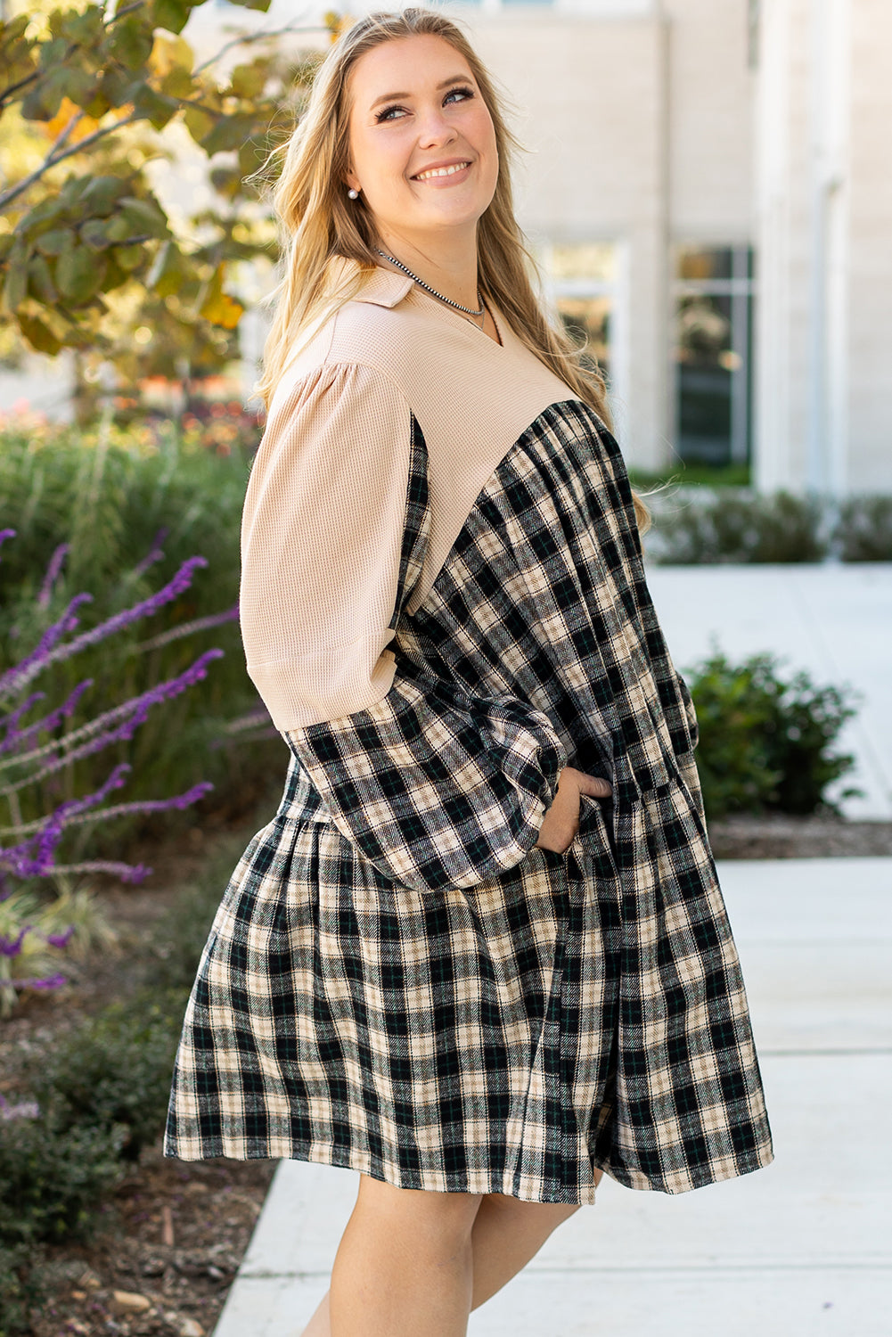 Olivia – Plus Size Black Plaid Patchwork Waffle Knit Mini Dress