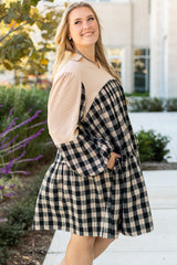 Olivia – Plus Size Black Plaid Patchwork Waffle Knit Mini Dress