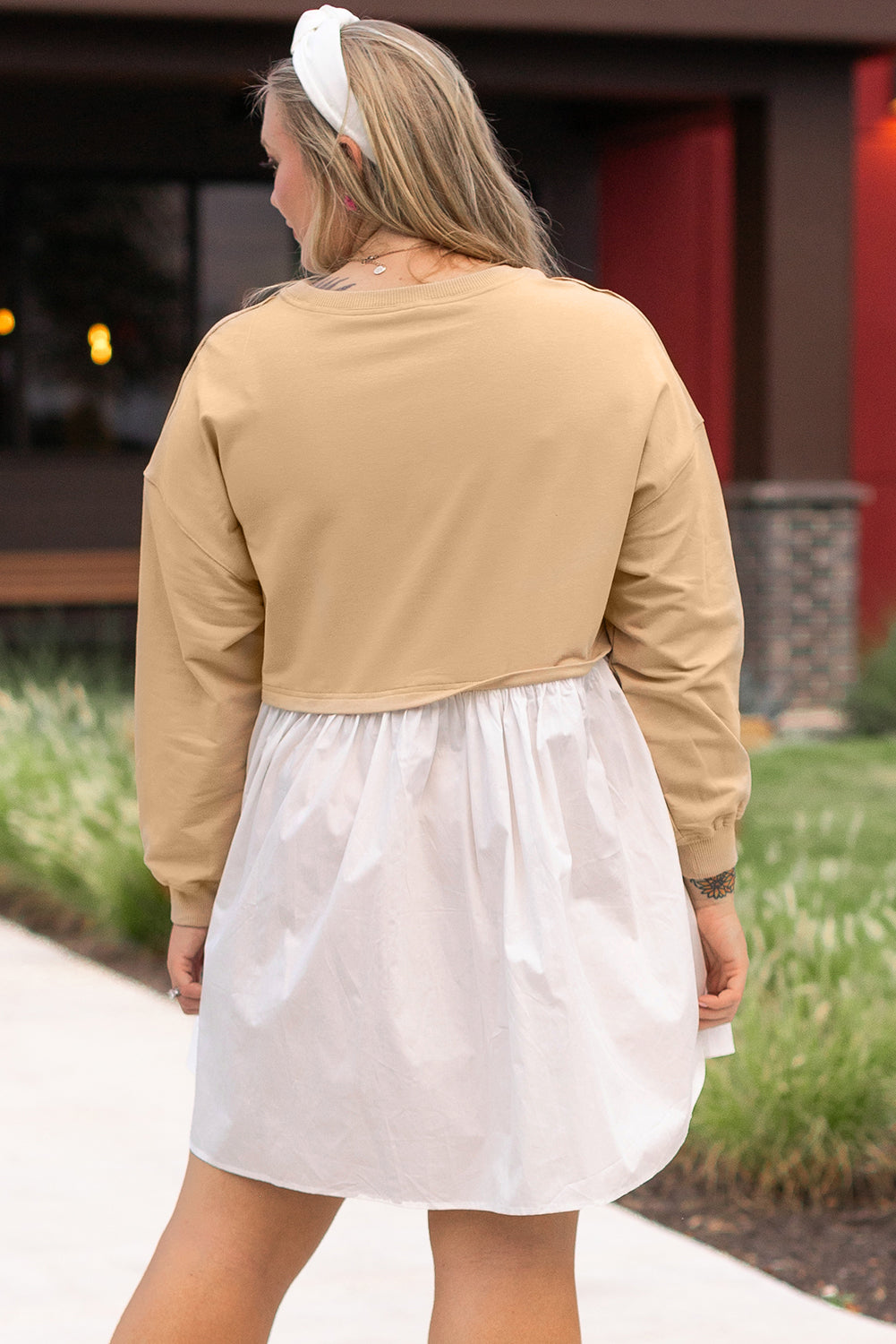 Penelope – Plus Size Apricot Color Block Patchwork Mini Dress