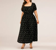 Hailey - Plus Size Square Neck Polka Dot Puff Sleeve Maxi Dress