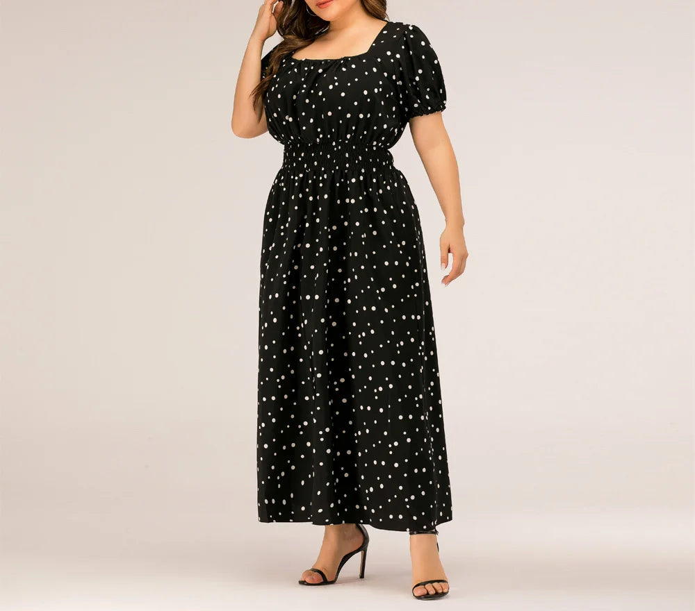 Hailey - Plus Size Square Neck Polka Dot Puff Sleeve Maxi Dress