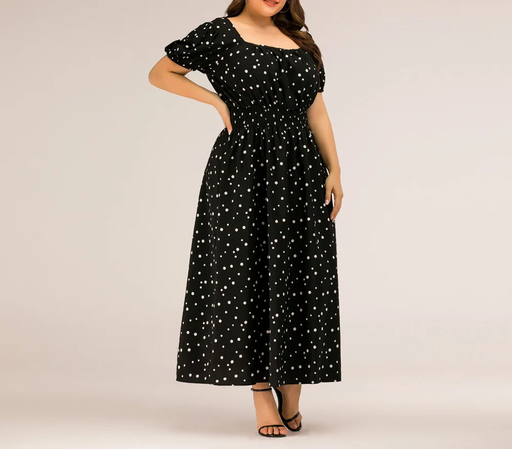 Hailey - Plus Size Square Neck Polka Dot Puff Sleeve Maxi Dress