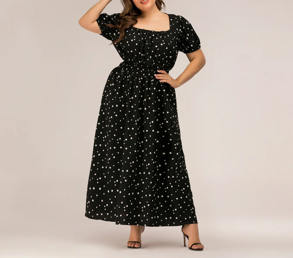 Hailey - Plus Size Square Neck Polka Dot Puff Sleeve Maxi Dress