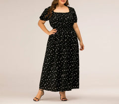 Hailey - Plus Size Square Neck Polka Dot Puff Sleeve Maxi Dress