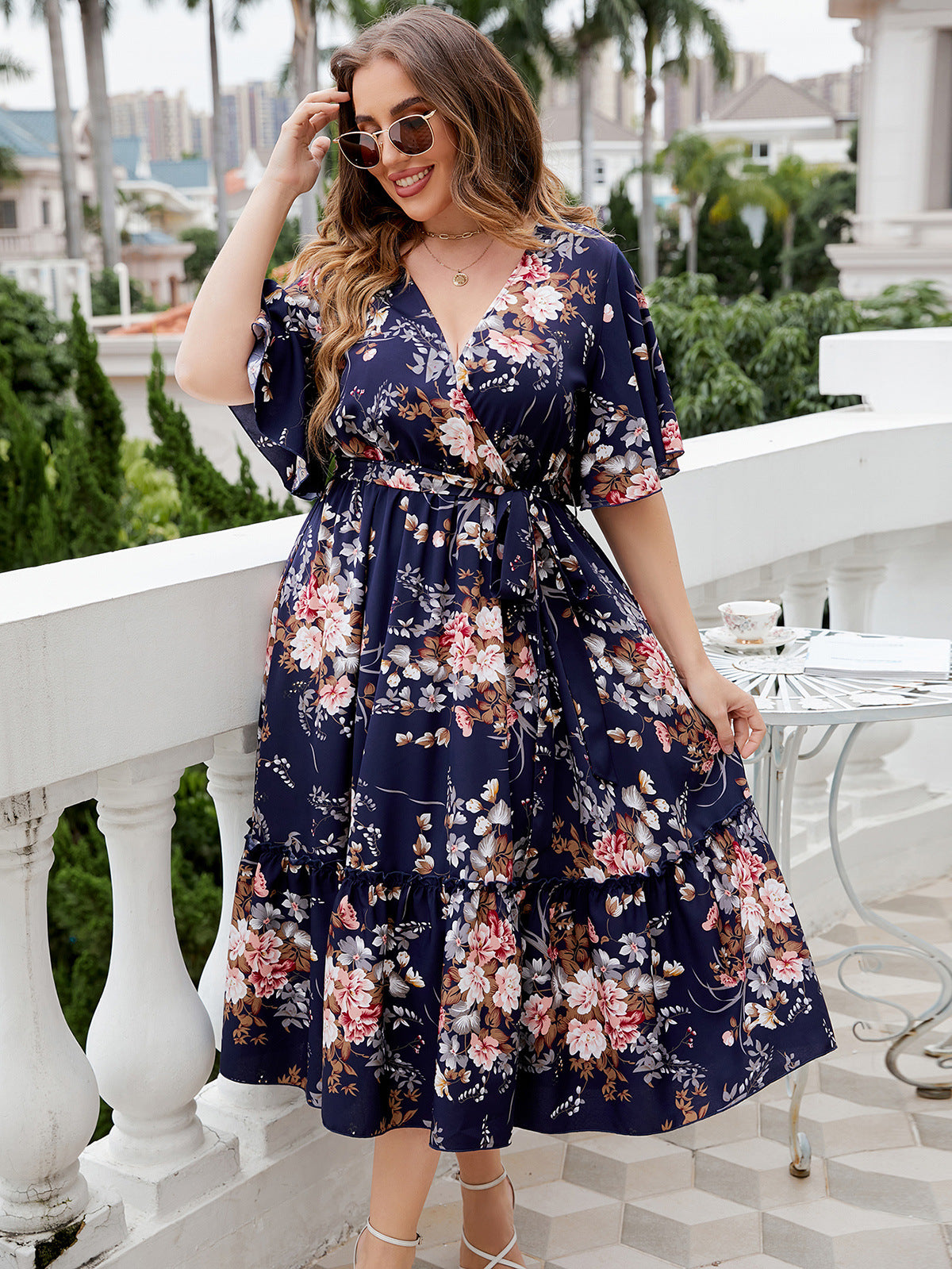 Laura - Plus Size V-Neck Ruffle Sleeve Dress