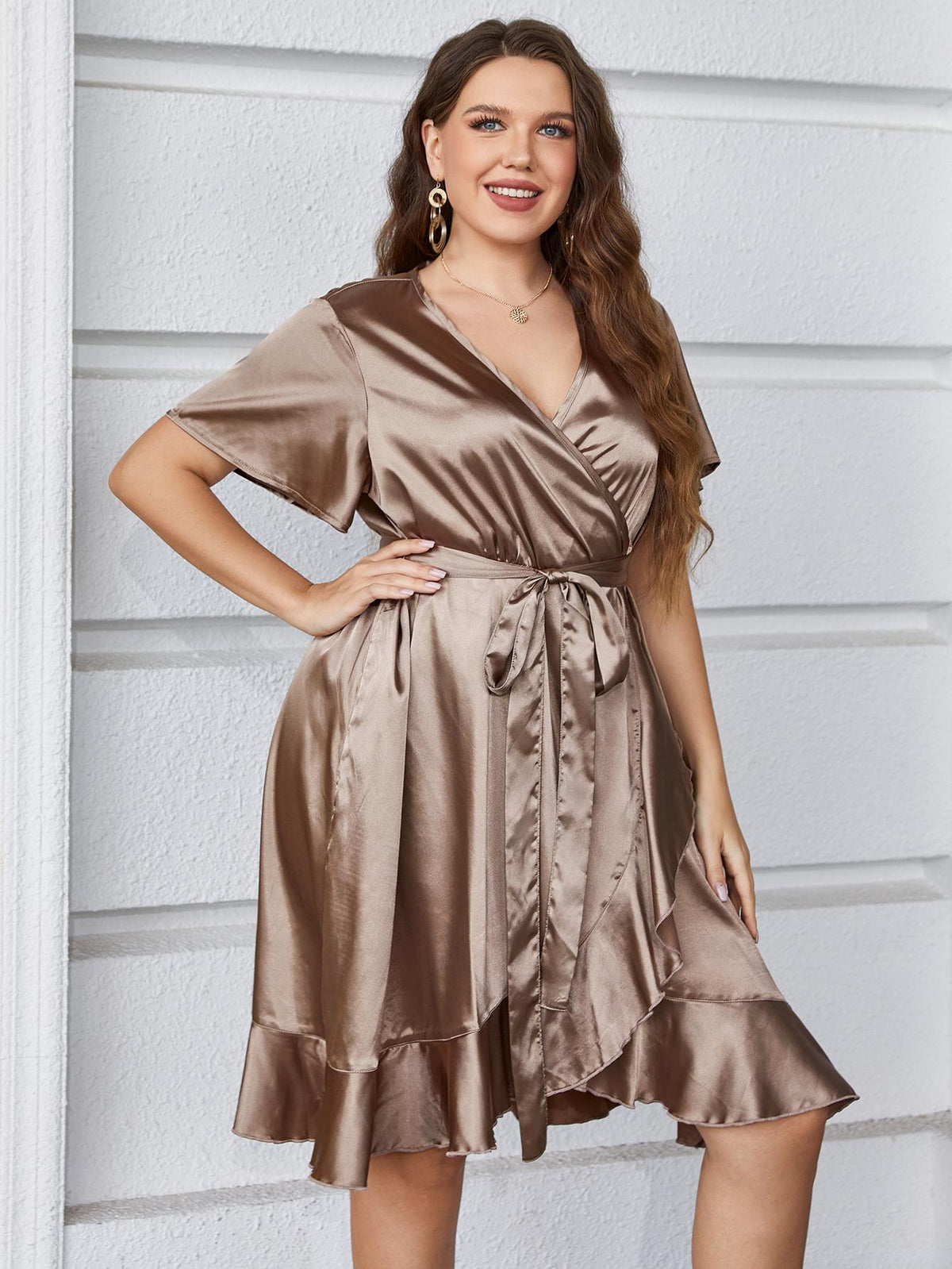 Almira - Plus Size Satin V-Neck Mini Dress