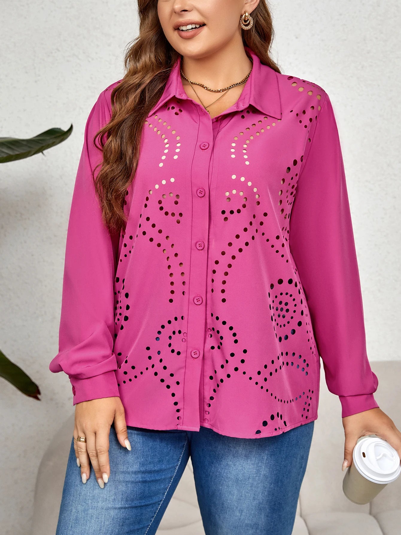 Kinsley - Plus Size Hollow Out Button-Up Blouse