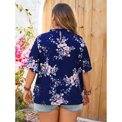 Felize - Plus Size Round Neck Floral Print Blouse with Side Split Sleeves