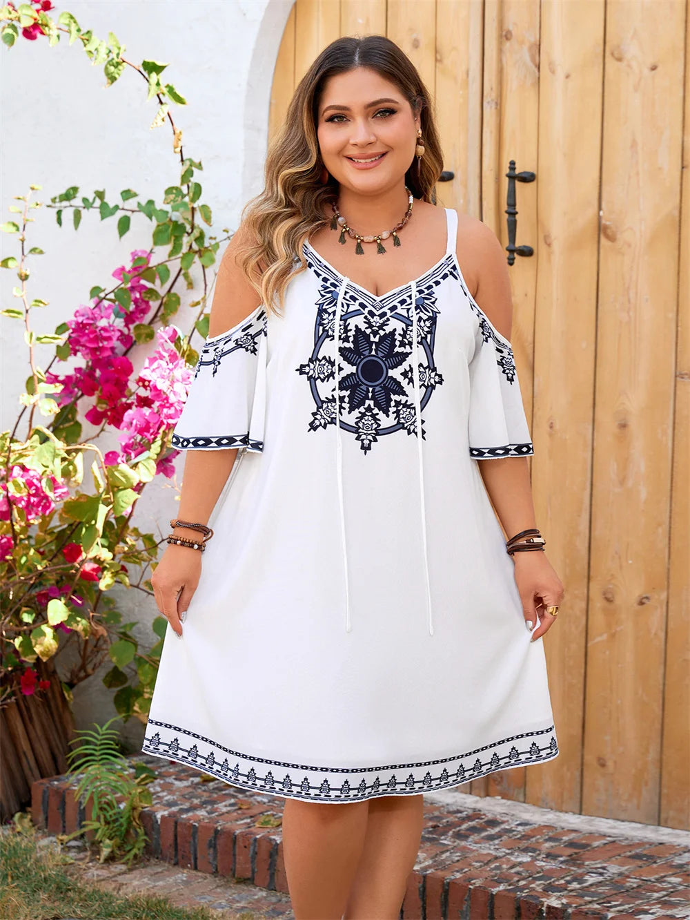 Adhara - Plus Size Cold Shoulder Boho Ethnic Print Summer Dress