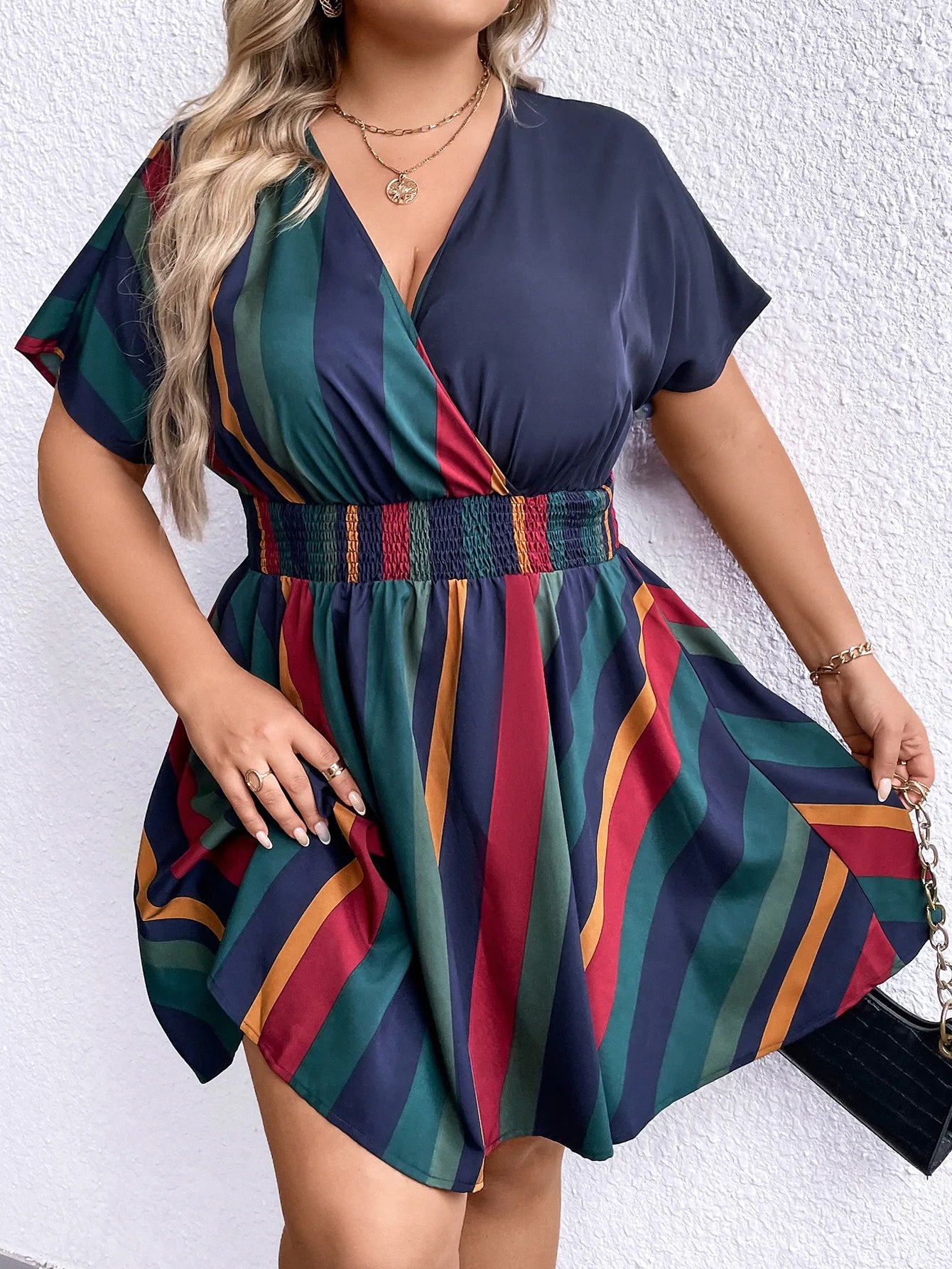 Evangeline - Plus Size Color Block V-Neck Wrap Dress