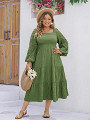 Ainara - Plus Size Square Neck Ruffle Hem Lantern Sleeve Boho A-Line Spring Dress
