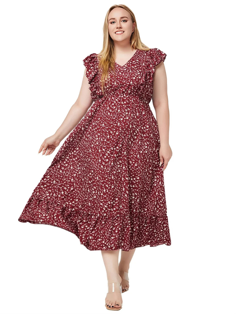 Millie - Plus Size Ditsy Floral V-Neck Ruffle Hem Dress