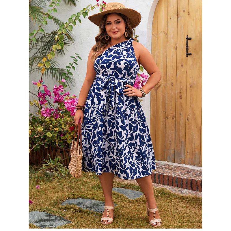 Aisha - Plus Size Cold Shoulder A-Line Midi Dress with Waist Belt