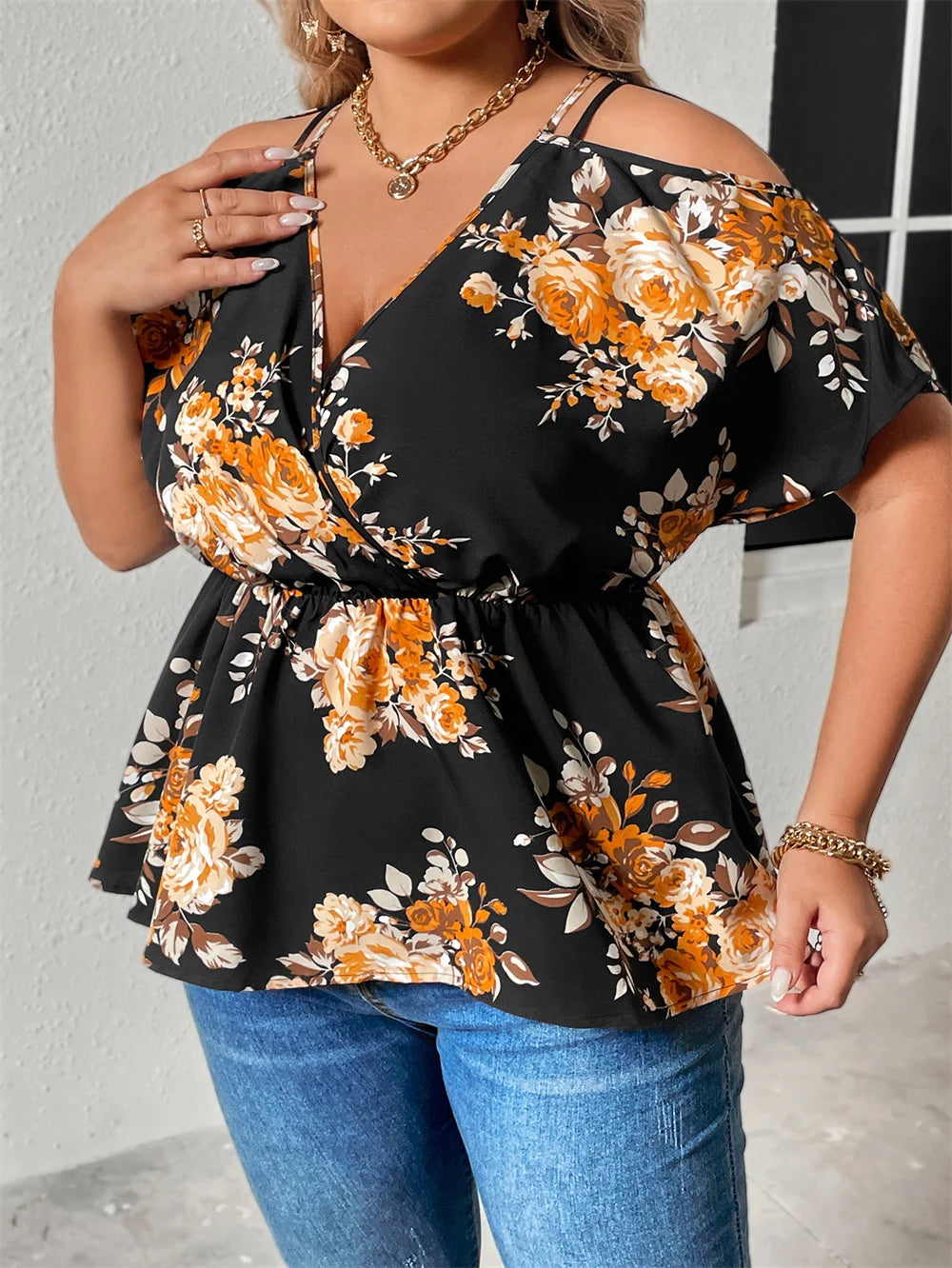 Emilia - Plus Size Floral Cold Shoulder Blouse