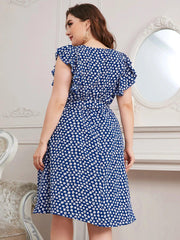 Aarianne - Plus Size Floral Print Ruffle Sleeve Summer Dress with Waist Belt