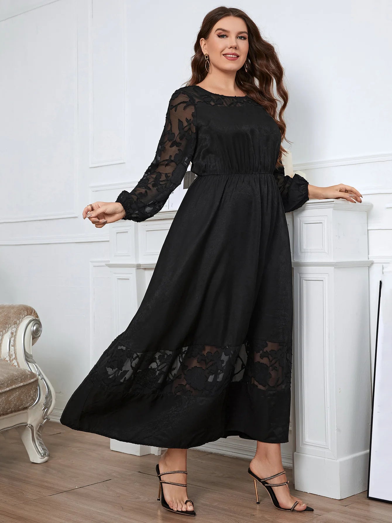 Evelyn - Plus Size Lace Accented Ankle-Length Dress with Long Sleeves