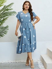 Melissa - Plus Size Blue Polka Dot A-Line Dress with V-Neck, Ruffle Sleeves, and Drawstring Belt