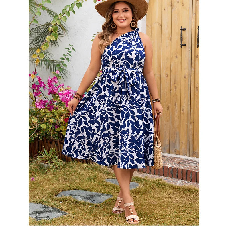 Aisha - Plus Size Cold Shoulder A-Line Midi Dress with Waist Belt