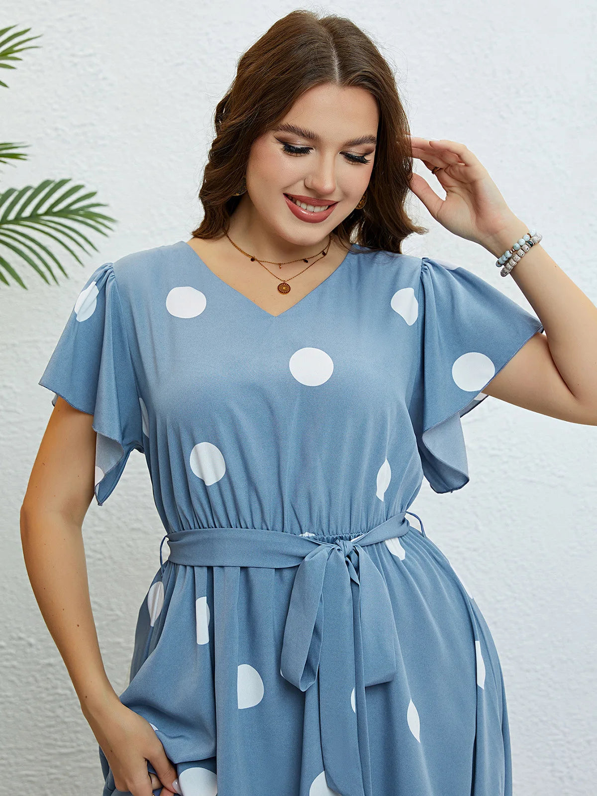Melissa - Plus Size Blue Polka Dot A-Line Dress with V-Neck, Ruffle Sleeves, and Drawstring Belt