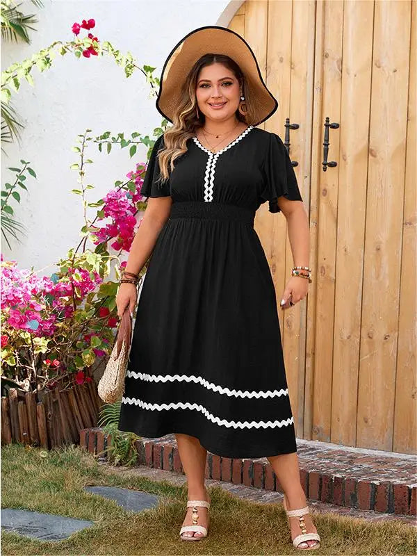 Rebecca - Plus Size V-Neck Elastic Waist A-Line Dress