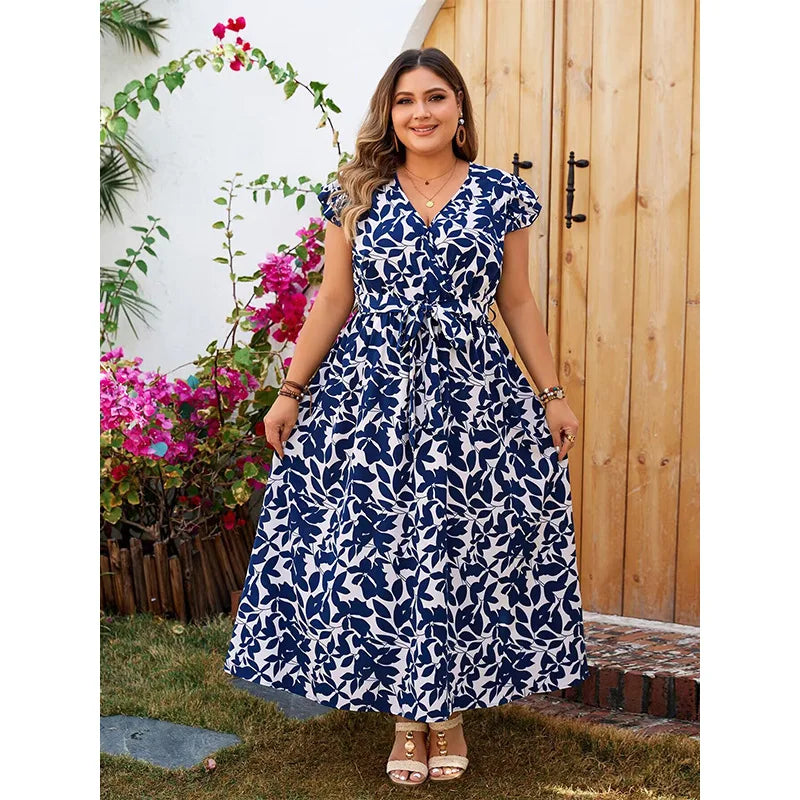 Isabella - Plus Size Ruffle Sleeve Wrap V Neck Midi Dress