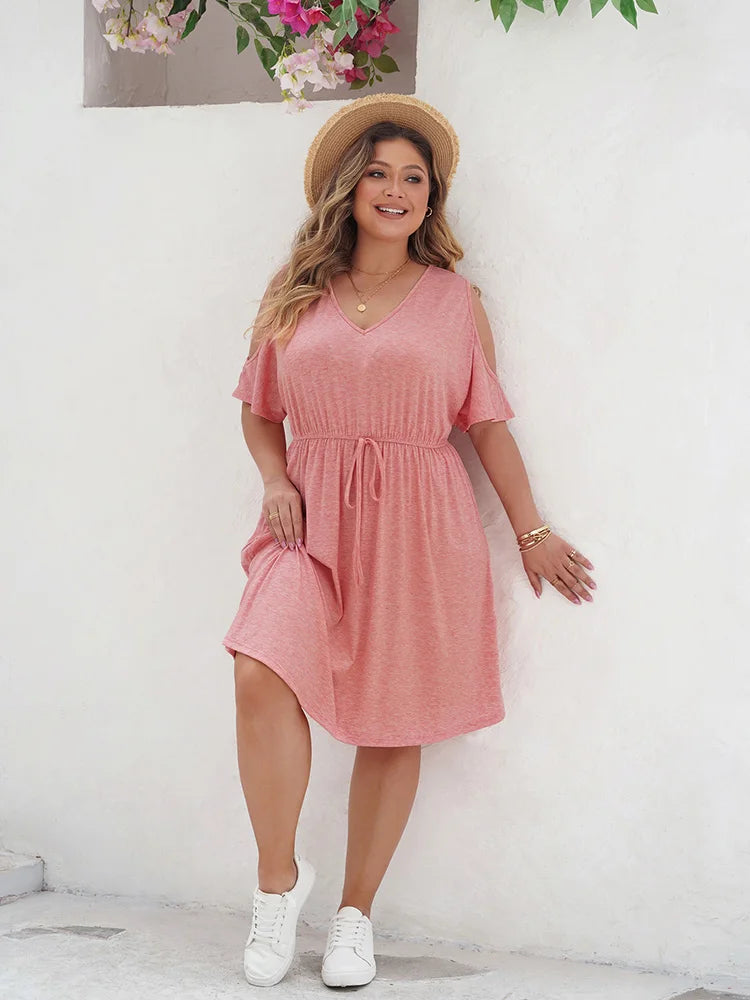 Nevaeh - Plus Size Cold Shoulder V-Neck Short Sleeve Mini Dress with Knot Detail