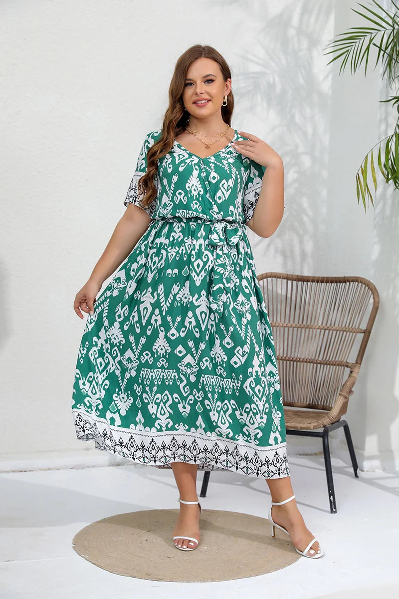 Hazel - Plus Size Ethnic Print Belted Maxi Dress for Women
