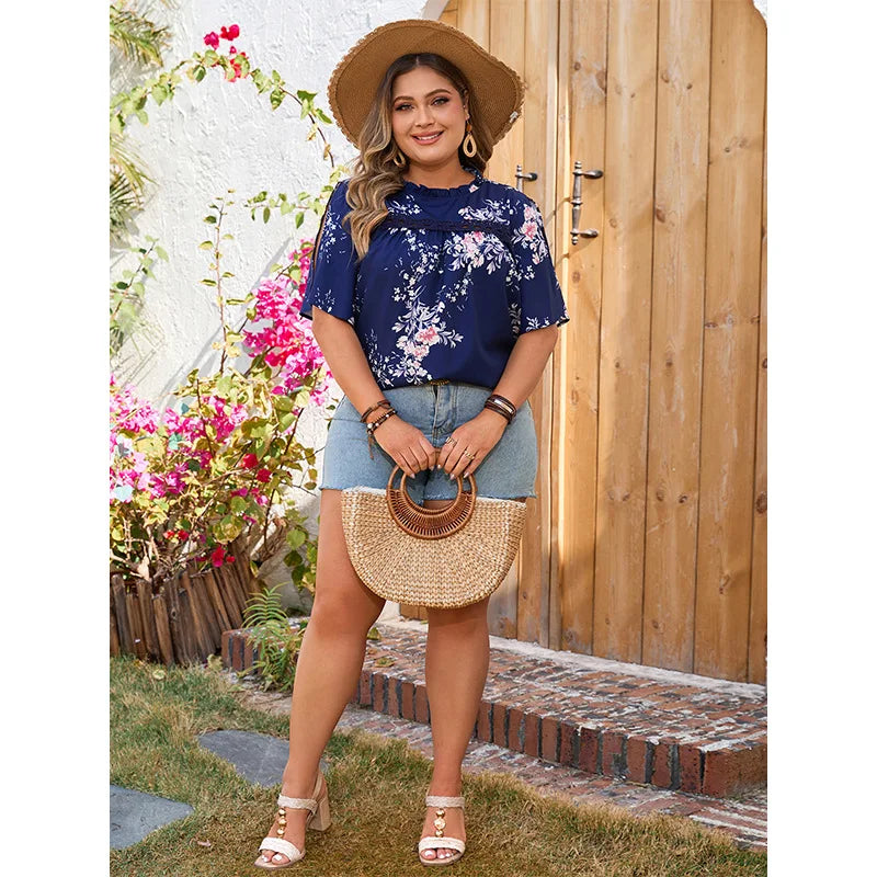 Felize - Plus Size Round Neck Floral Print Blouse with Side Split Sleeves
