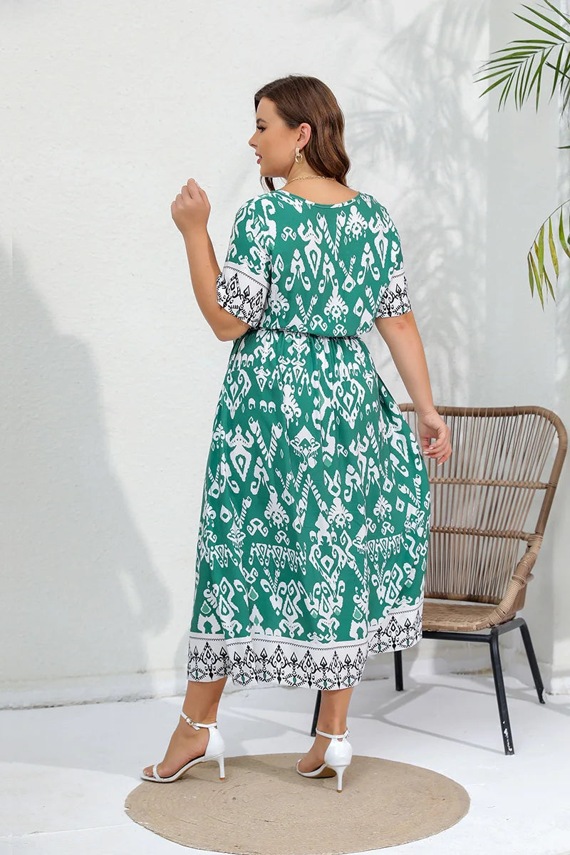 Hazel - Plus Size Ethnic Print Belted Maxi Dress for Women