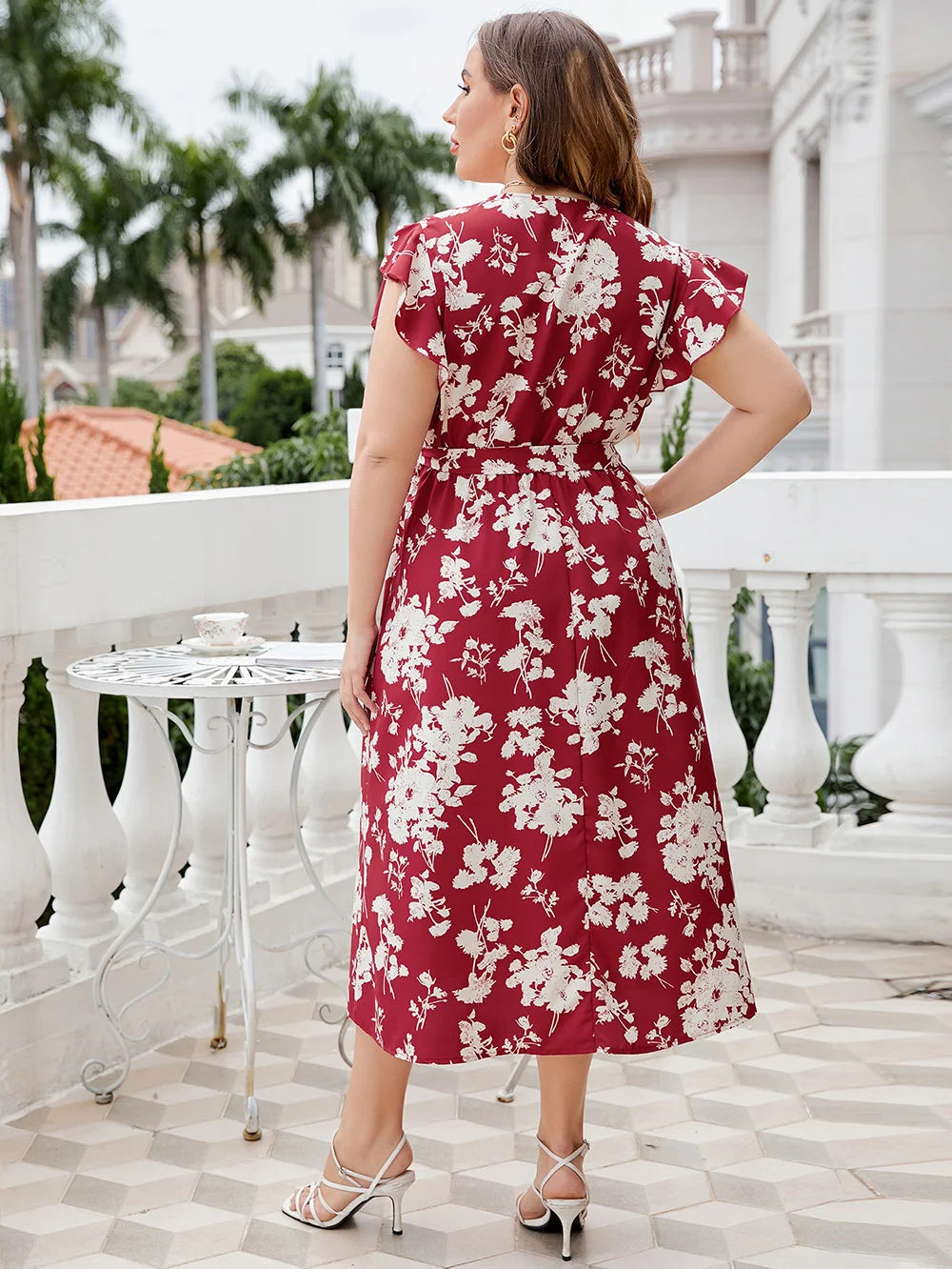 Vivienne - Plus Size Floral Print Butterfly Sleeve Belted Dress