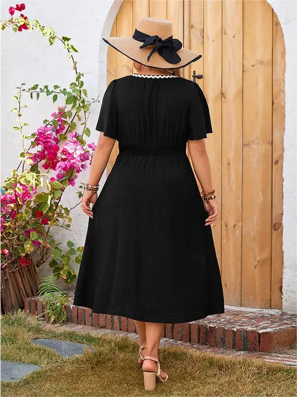 Rebecca - Plus Size V-Neck Elastic Waist A-Line Dress