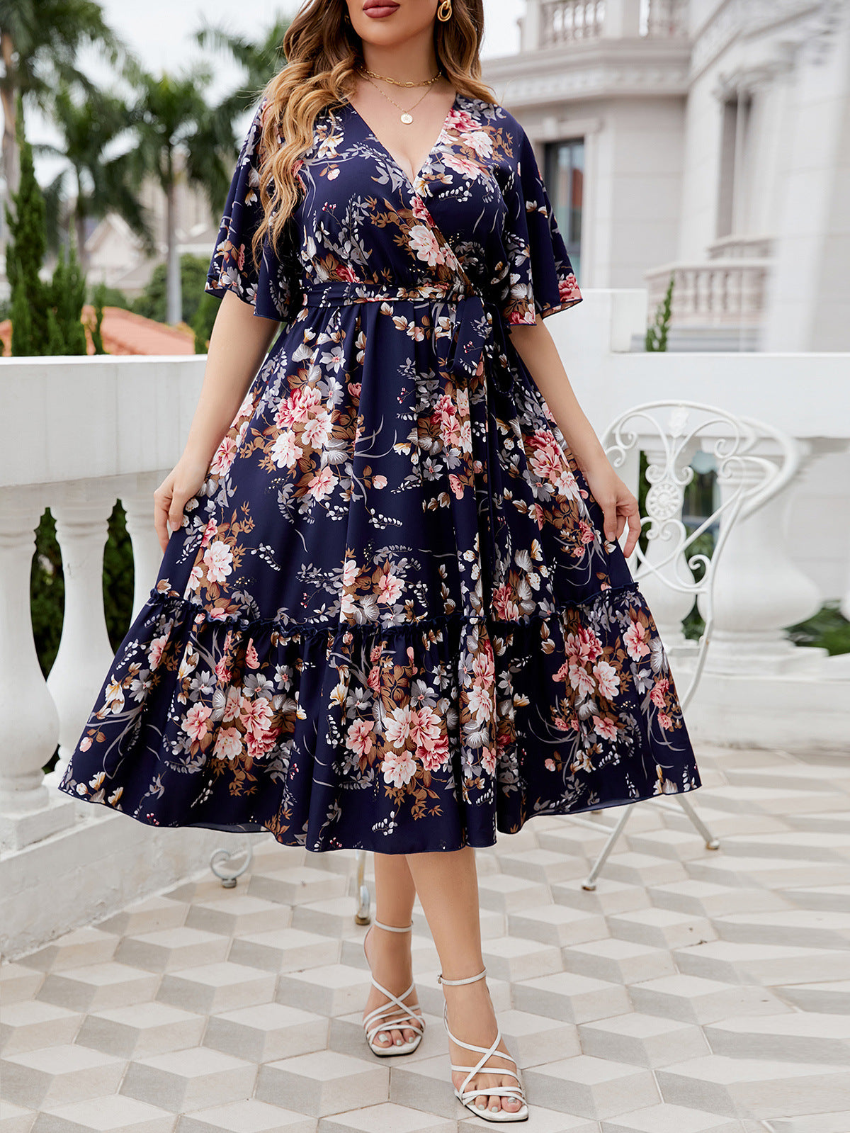 Laura - Plus Size V-Neck Ruffle Sleeve Dress