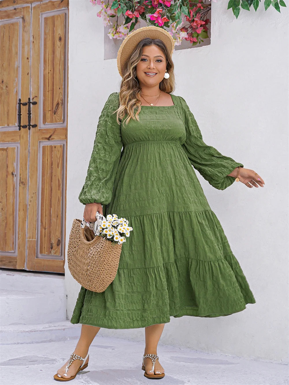 Ainara - Plus Size Square Neck Ruffle Hem Lantern Sleeve Boho A-Line Spring Dress