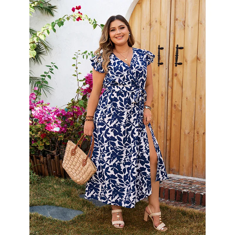 Isabella - Plus Size Ruffle Sleeve Wrap V Neck Midi Dress