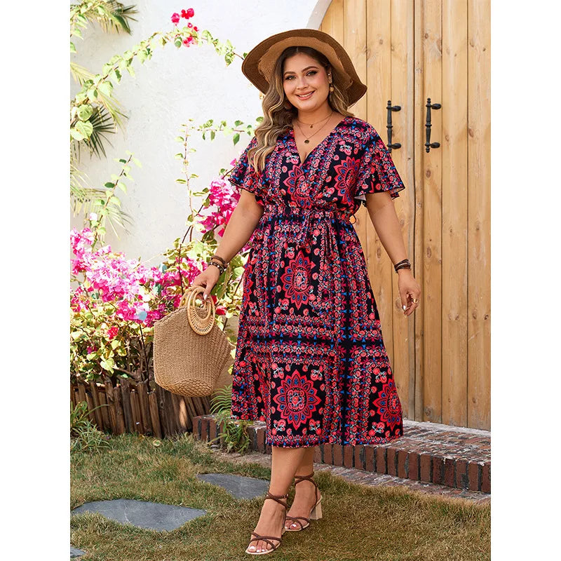 Fiona - Plus Size Floral Print A-Line Dress with V-Neck and Ruffle Sleeves