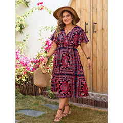 Fiona - Plus Size Floral Print A-Line Dress with V-Neck and Ruffle Sleeves