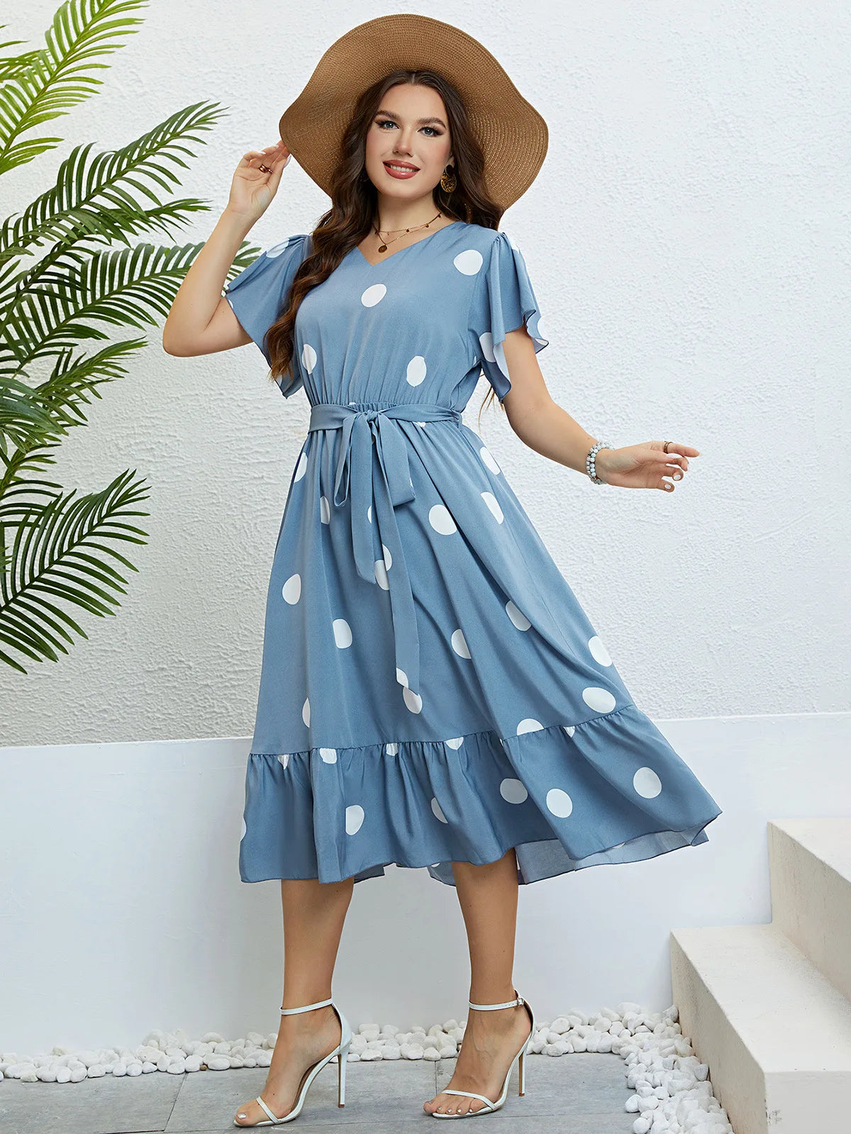 Melissa - Plus Size Blue Polka Dot A-Line Dress with V-Neck, Ruffle Sleeves, and Drawstring Belt