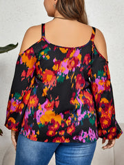 Bettina - Plus Size Cold Shoulder Long Sleeve V-Neck Graffiti Print Blouse