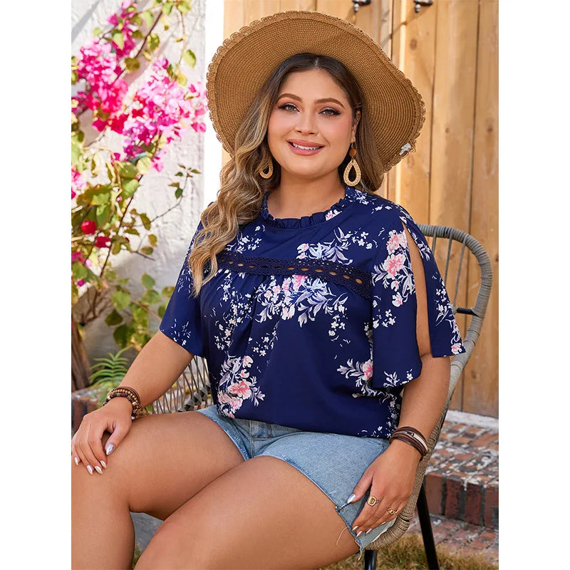 Felize - Plus Size Round Neck Floral Print Blouse with Side Split Sleeves