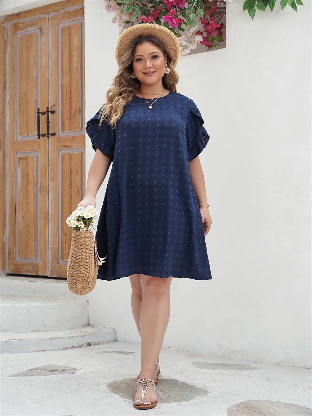 Norah - Plus Size Swiss Dot O-Neck Mini Dress for Women