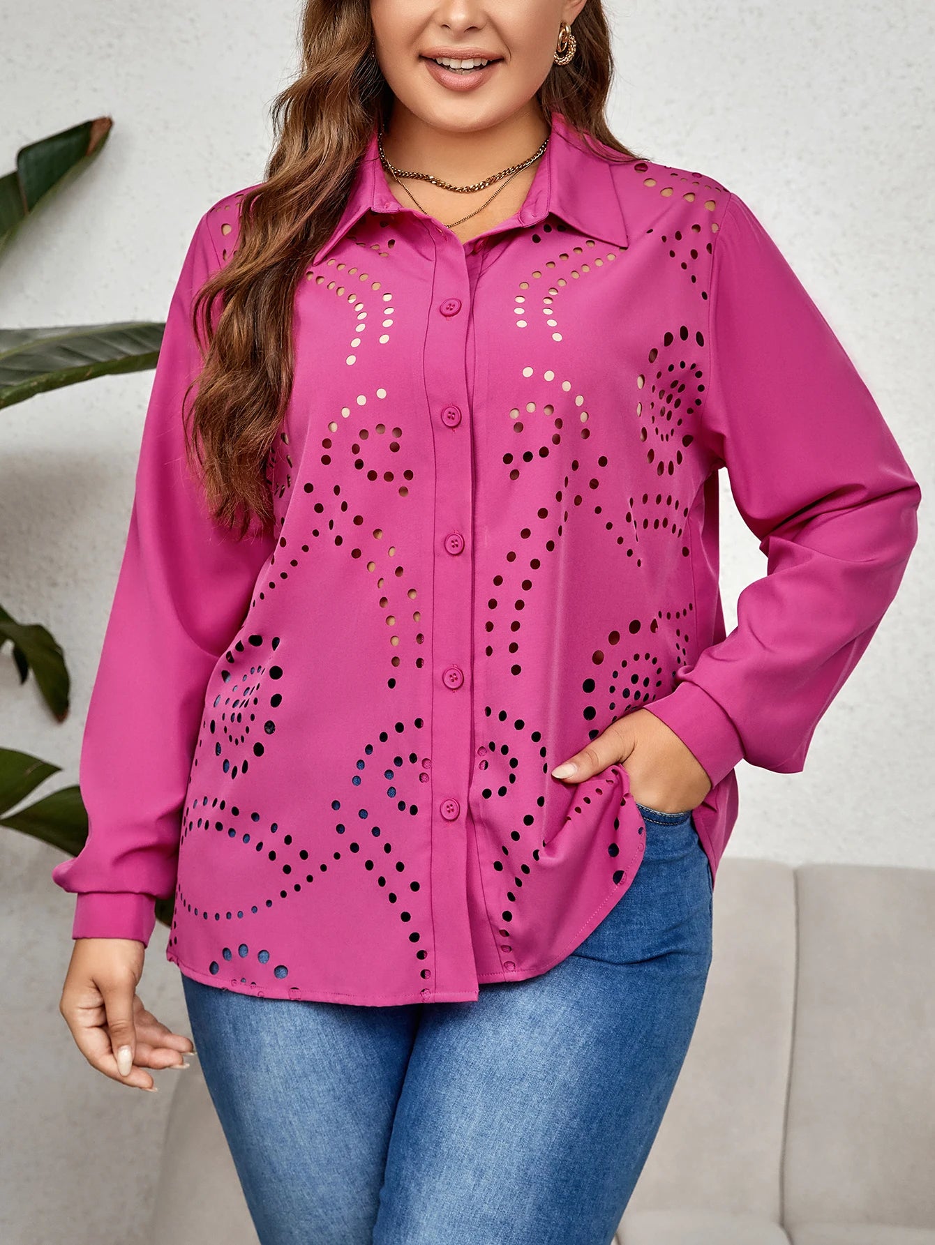 Kinsley - Plus Size Hollow Out Button-Up Blouse