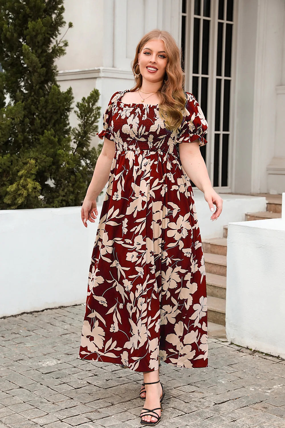 Leila - Plus Size Square Neck Floral Print Puff Sleeve Dress