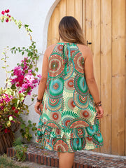 Yanna - Plus Size Ethnic Print Halter Dress for Women Summer Boho Ruffle Mini Dress