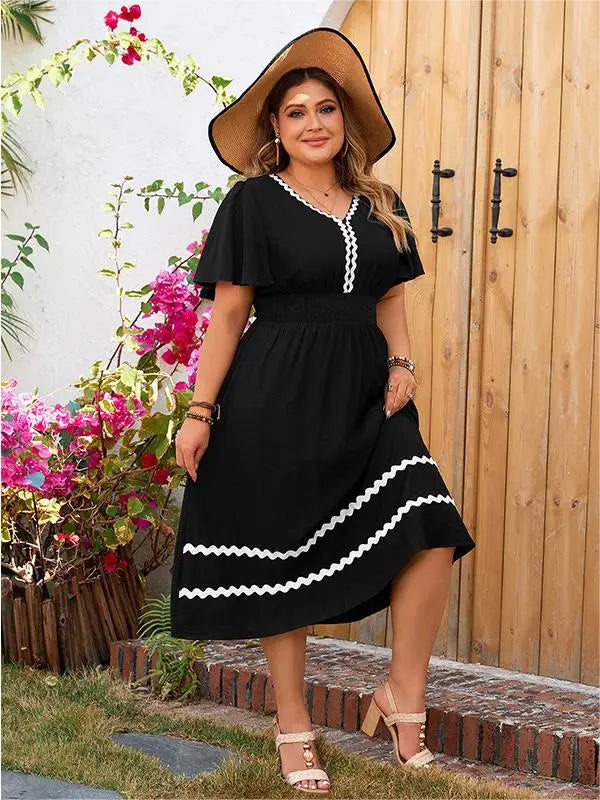 Rebecca - Plus Size V-Neck Elastic Waist A-Line Dress