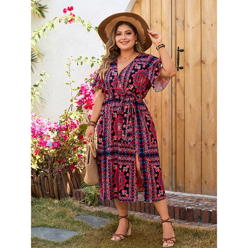 Fiona - Plus Size Floral Print A-Line Dress with V-Neck and Ruffle Sleeves