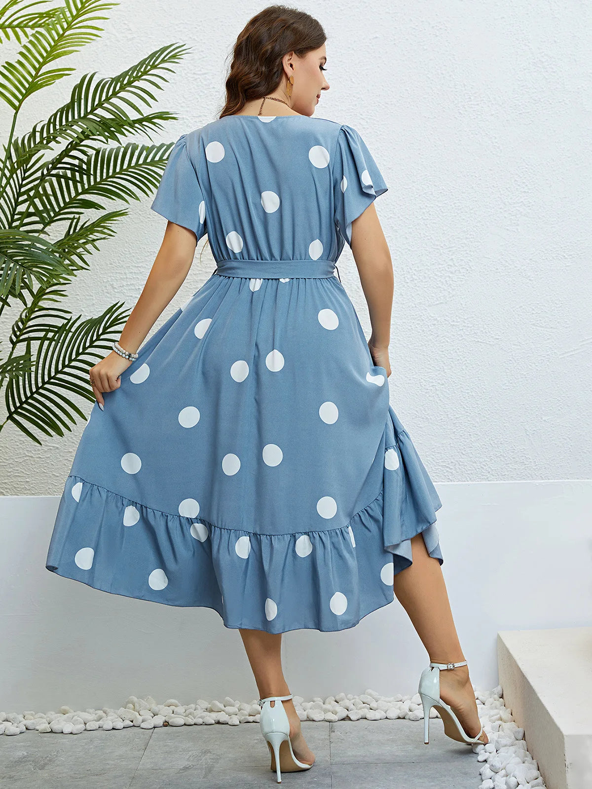 Melissa - Plus Size Blue Polka Dot A-Line Dress with V-Neck, Ruffle Sleeves, and Drawstring Belt