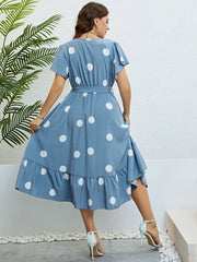 Melissa - Plus Size Blue Polka Dot A-Line Dress with V-Neck, Ruffle Sleeves, and Drawstring Belt