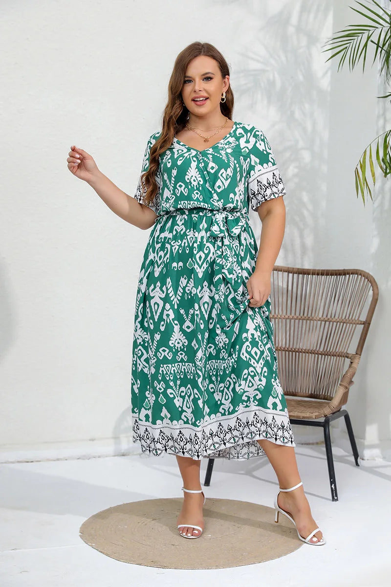 Hazel - Plus Size Ethnic Print Belted Maxi Dress for Women