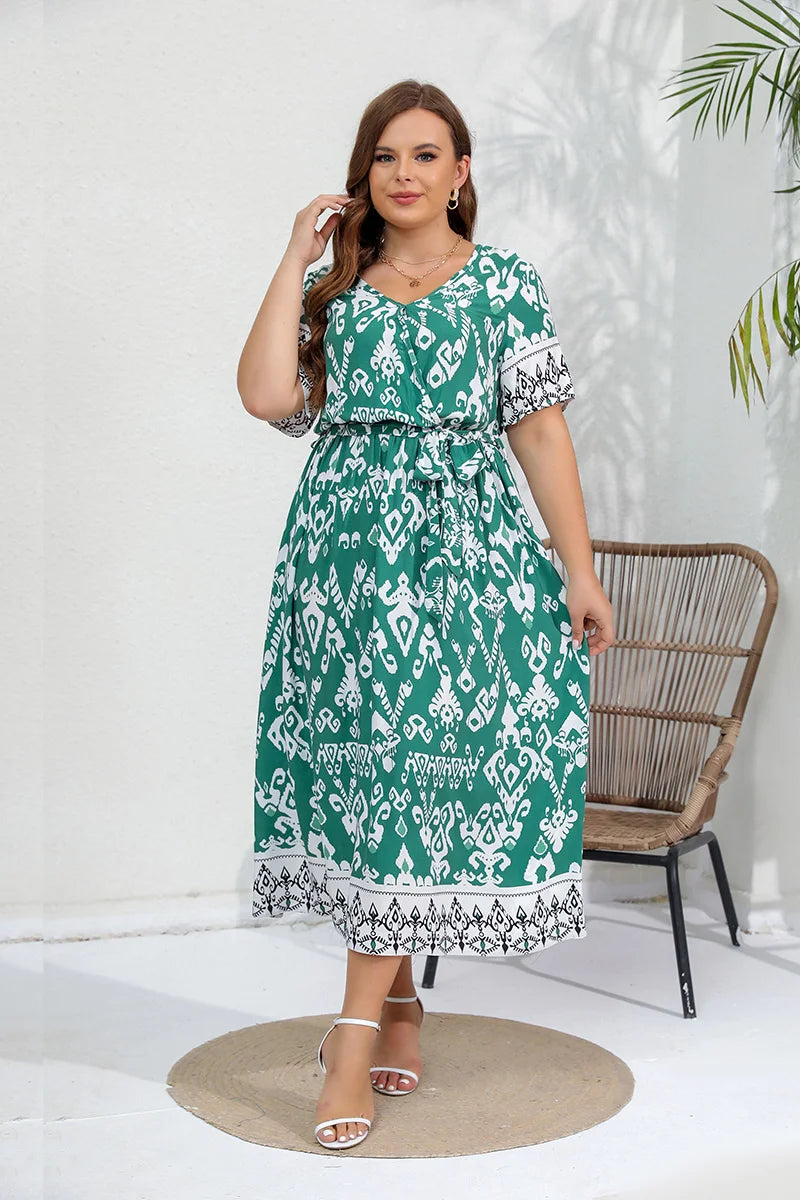 Hazel - Plus Size Ethnic Print Belted Maxi Dress for Women