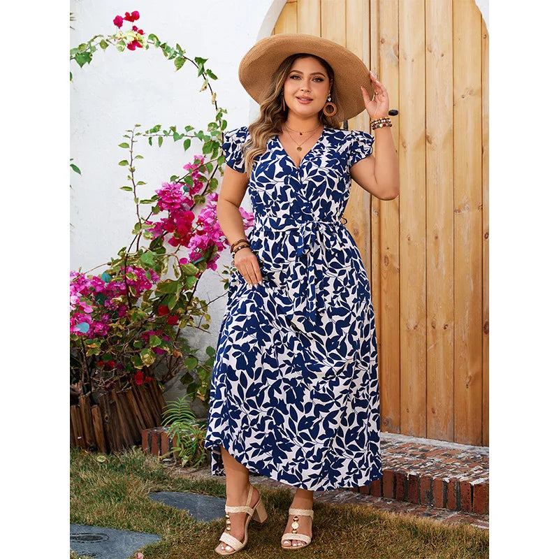 Isabella - Plus Size Ruffle Sleeve Wrap V Neck Midi Dress